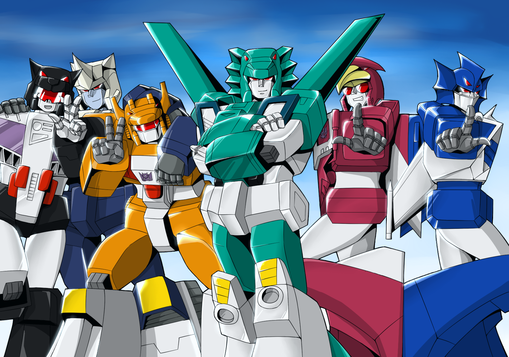 6+boys arm_on_another's_shoulder breastforce_(transformers) clenched_teeth crossed_arms decepticon drillhorn_(transformers) extra_eyes from_side glowing glowing_eyes guyhawk hand_on_another's_shoulder hellbat_(transformers) highres insignia jallguar killbison leozack looking_at_viewer mecha metal_skin multiple_boys no_humans no_mouth open_mouth red_eyes robot science_fiction silvia0988 smile teeth transformers transformers_victory v wings
