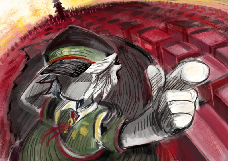 1other androgynous bare_arms black_cape black_hat blunt_bangs cape chikafumikou city collared_dress colored_skin cowboy_shot dress faceless finger_gun floating_cape from_above fujiwara_no_shirogane_no_sanra green_dress grey_skin hand_on_headwear hat len&#039;en military_hat military_uniform neck_ribbon other_focus outdoors pagoda parted_bangs peaked_cap red_ribbon ribbon short_hair short_sleeves sky solo white_hair yellow_sky yin_yang