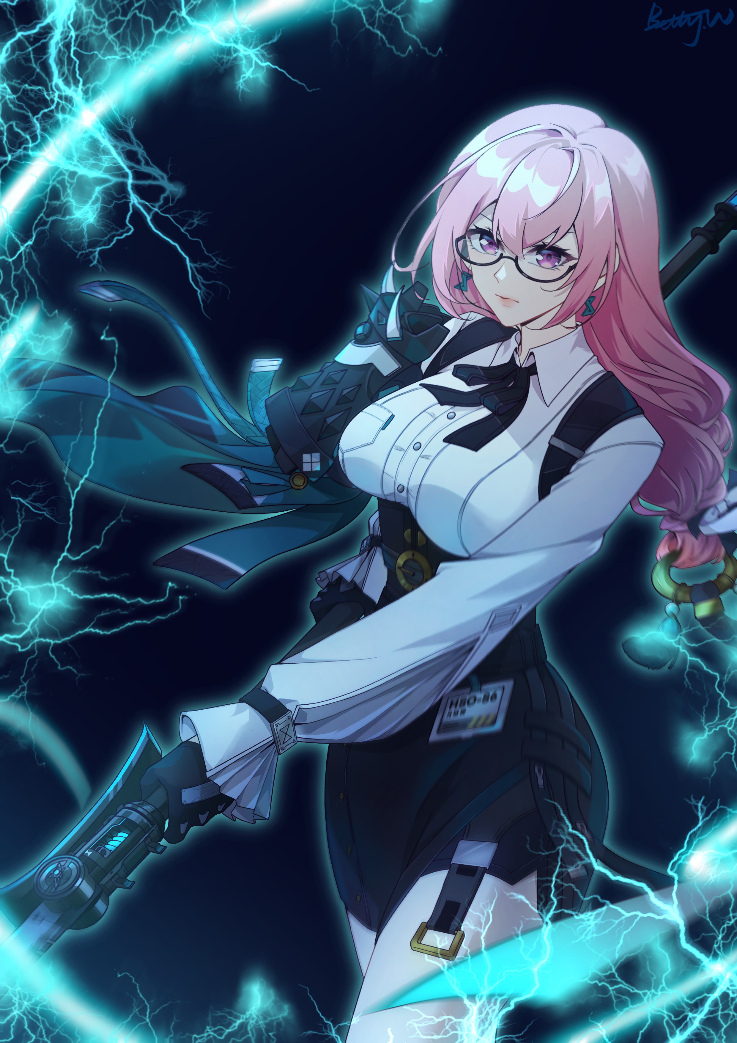 1girl absurdres bettyjessicawu black_gloves black_skirt breasts closed_mouth cowboy_shot dress_shirt earrings glasses gloves hair_between_eyes high-waist_skirt highres holding holding_polearm holding_weapon jewelry large_breasts lightning long_hair looking_at_viewer naginata pencil_skirt pink_eyes pink_hair polearm ring_hair_ornament serious shirt sidelocks skirt solo tsukishiro_yanagi weapon white_shirt zenless_zone_zero