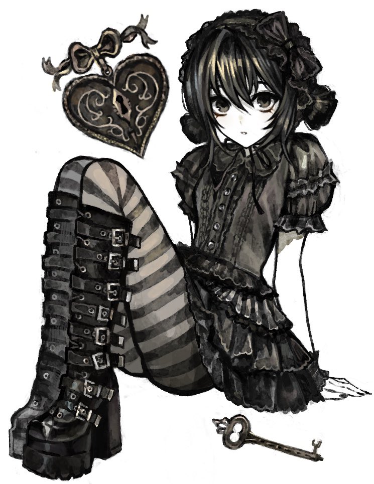 1girl belt_boots black_boots black_eyes black_hair black_hairband black_shirt black_skirt boots bow_hairband buttons center_frills collared_shirt double_bun frilled_hairband frills full_body gd783hhh hair_between_eyes hair_bun hairband heart-shaped_lock key knee_boots layered_skirt looking_at_viewer medium_hair nail_polish original pale_skin pantyhose platform_boots puffy_short_sleeves puffy_sleeves shirt short_sleeves simple_background sitting skirt solo striped_clothes striped_pantyhose white_background wrist_cuffs