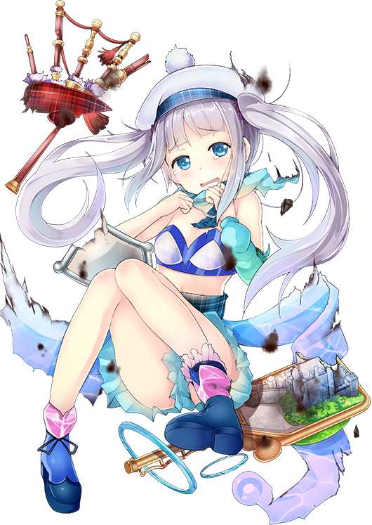 1girl ass bagpipes beret blue_eyes blue_scarf breasts burns burnt_clothes eilean_donan_(oshiro_project) female_focus full_body hat instrument looking_at_viewer midriff navel official_art oshiro_project:re scarf sidelocks silver_hair small_breasts solo taicho128 tearing_up torn_clothes torn_scarf transparent_background twintails