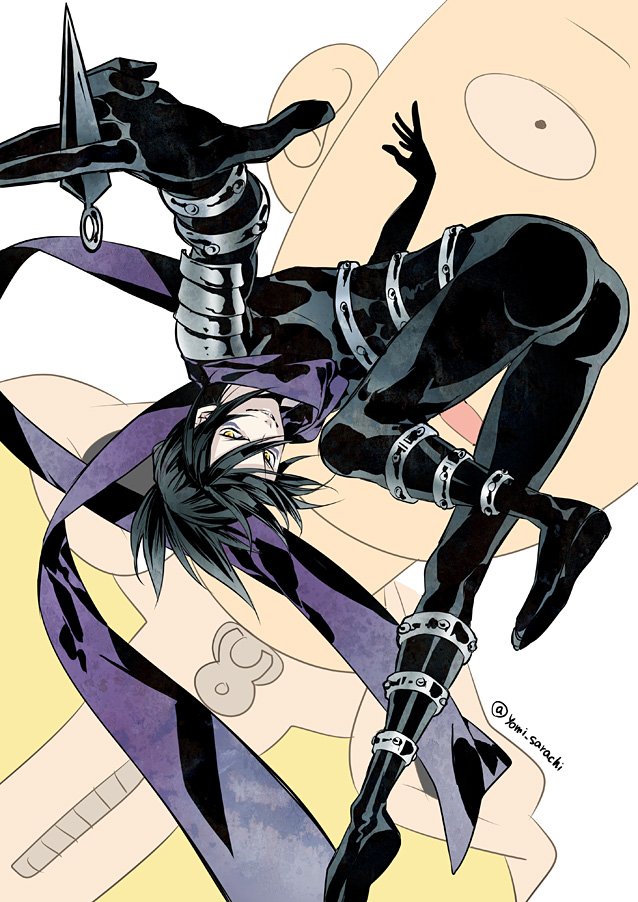 2boys ass black_bodysuit black_hair bodysuit boots commentary_request full_body grin holding holding_kunai holding_weapon jumpsuit kunai looking_at_viewer male_focus multiple_boys one-punch_man onsoku_no_sonic outstretched_arms purple_scarf saitama_(one-punch_man) sarachi_yomi scarf smile solo_focus twitter_username weapon white_background yellow_eyes yellow_jumpsuit