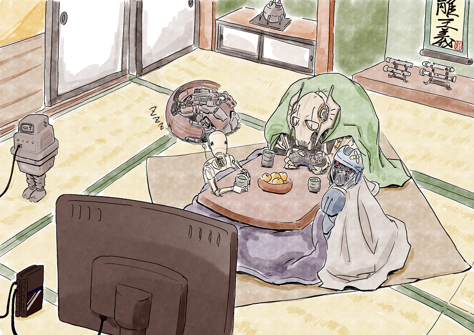 b1_battle_droid battle_droid cape character_request droideka energy_sword food fruit fusuma general_grievous gonk_droid indoors japanese_house kotatsu lightsaber magnaguard mandarin_orange playing_games playstation_controller robot sitting sliding_doors star_wars sword table tagme tatami television traditional_media weapon zzz