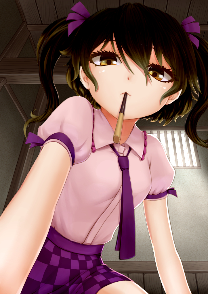 1girl bow breasts brown_eyes brown_hair checkered_clothes checkered_skirt closed_mouth collared_shirt commentary_request cowboy_shot day food frilled_shirt_collar frills hair_between_eyes hair_bow harunoha himekaidou_hatate indoors long_hair looking_at_viewer medium_breasts necktie pink_shirt pocky pocky_day pocky_kiss purple_bow purple_necktie purple_skirt shared_food shirt short_sleeves skirt solo touhou twintails variant_set window