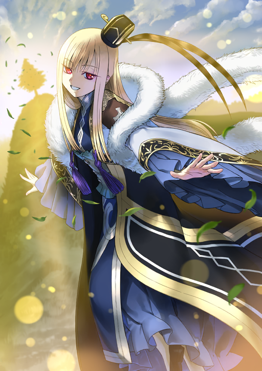 1girl :d black_hat black_shoes blonde_hair blue_dress blue_sash blunt_ends breasts chinese_clothes clothing_request dress dutch_angle fate/grand_order fate_(series) feather_boa game_cg grin hat headwear_request high_collar leaf lens_flare long_hair long_sidelocks long_sleeves looking_at_viewer mini_hat official_art open_mouth red_eyes reines_el-melloi_archisorte reines_el-melloi_archisorte_(third_ascension) sakamoto_mineji sash shoes sidelocks small_breasts smile solo standing straight_hair tassel third-party_source very_long_hair wide_sleeves