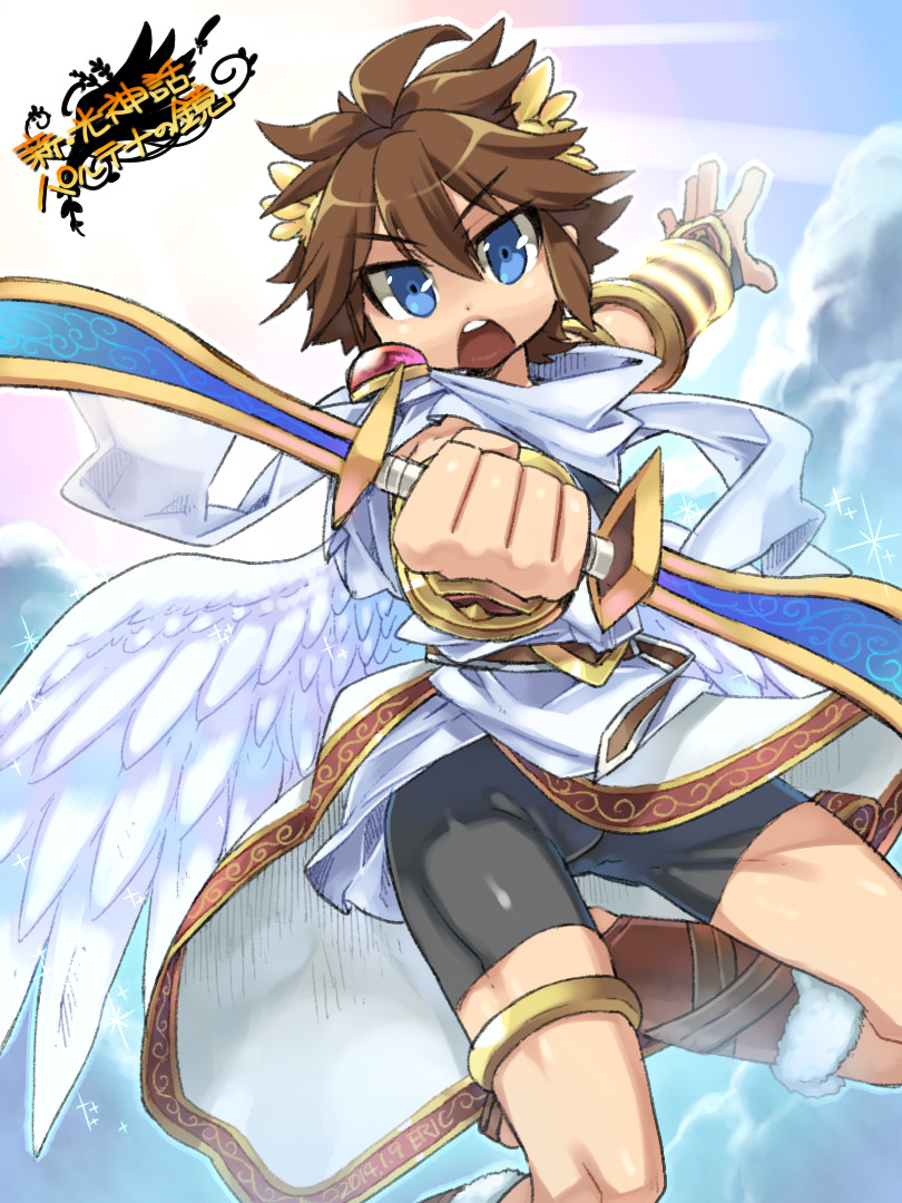 1boy angel angel_wings bike_shorts blue_eyes blue_sky bow_(weapon) eric_flay gold_thighlet holding holding_bow_(weapon) holding_weapon kid_icarus kid_icarus_uprising laurel_crown looking_at_viewer male_focus nintendo open_mouth palutena_bow_(kid_icarus) pit_(kid_icarus) sky solo sparkle v-shaped_eyebrows weapon wings