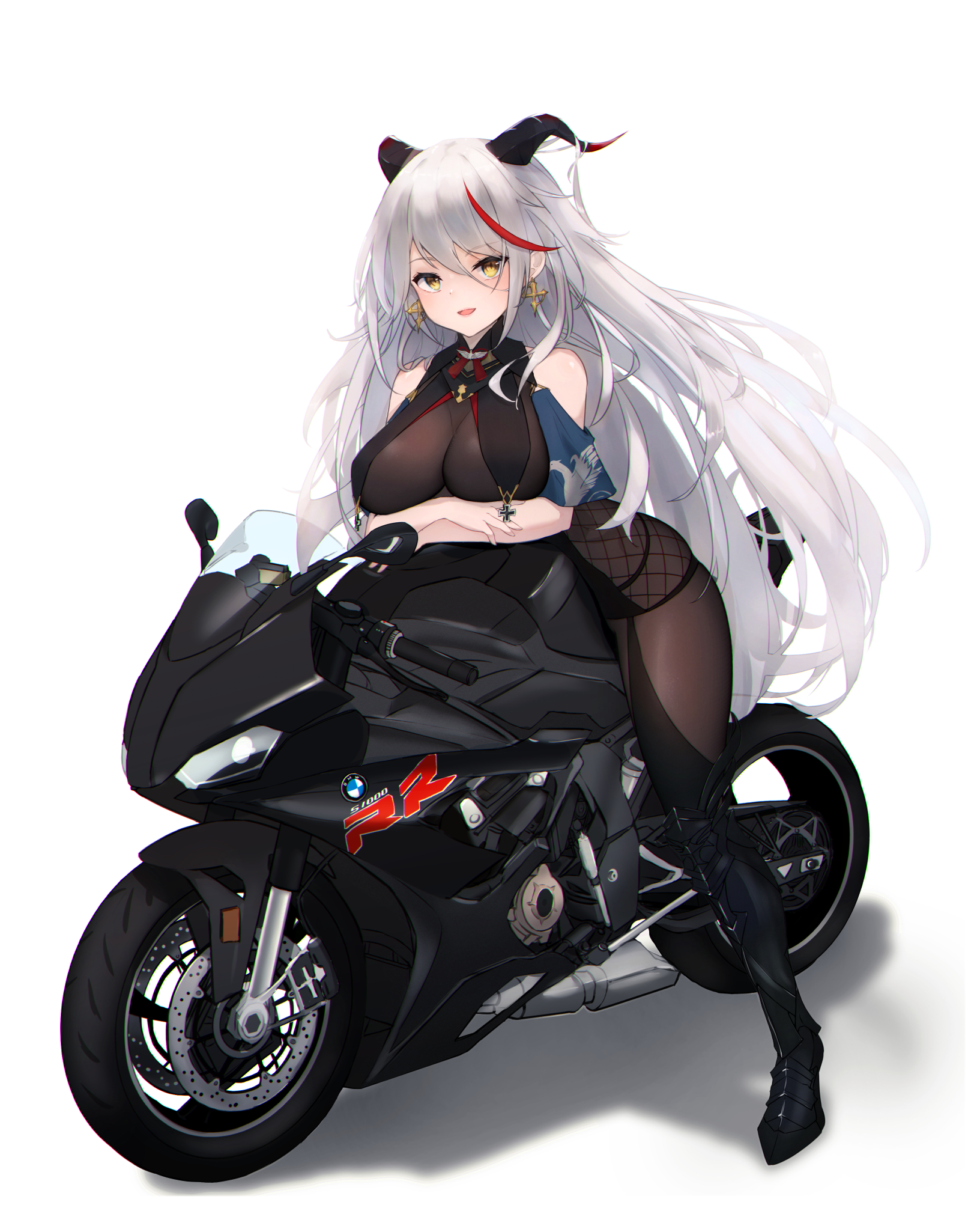 1girl aegir_(azur_lane) armored_boots azur_lane bare_shoulders black_footwear bmw bodystocking boots breast_curtains breasts cleavage cross cross_earrings demon_horns earrings full_body highres horns impossible_clothes iron_cross jewelry knee_boots large_breasts long_hair looking_at_viewer motor_vehicle motorcycle multicolored_hair red_hair ru_yan simple_background single_knee_boot skin_tight skindentation streaked_hair two-tone_hair very_long_hair white_hair yellow_eyes