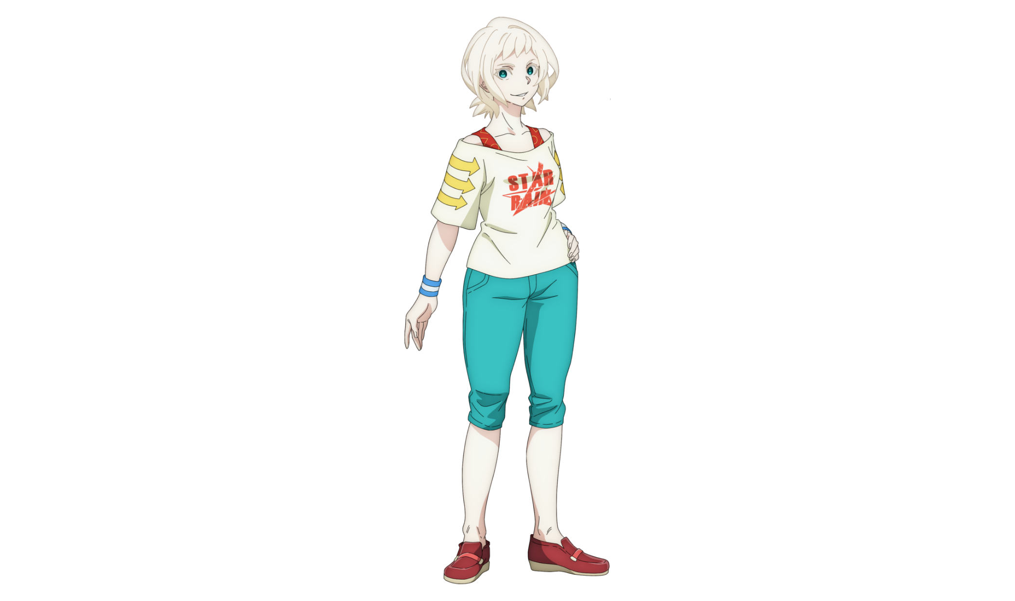 1girl aqua_pants blue_eyes collarbone full_body highres looking_at_viewer official_art pants red_shoes red_tank_top shangri-la_frontier shirt shoes smile solo standing sylvia_goldberg tachi-e tank_top transparent_background v-shaped_eyebrows white_hair white_shirt