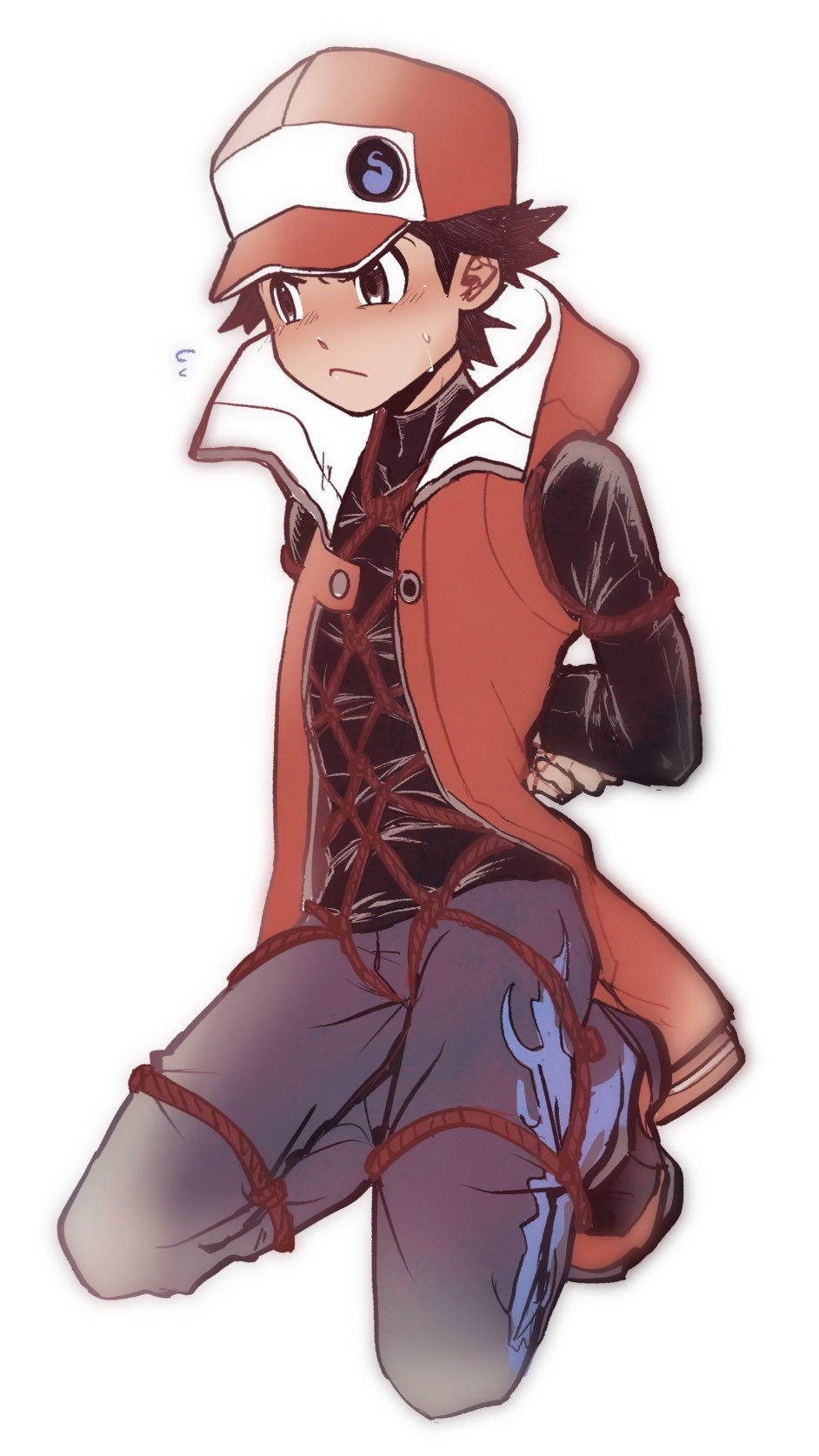 1boy baseball_cap bdsm black_hair blush brown_eyes ca_pkmn hat highres male_focus md5_mismatch nintendo pokemon pokemon_masters_ex red_(pokemon) red_(sygna_suit)_(pokemon) rope shibari shibari_over_clothes solo