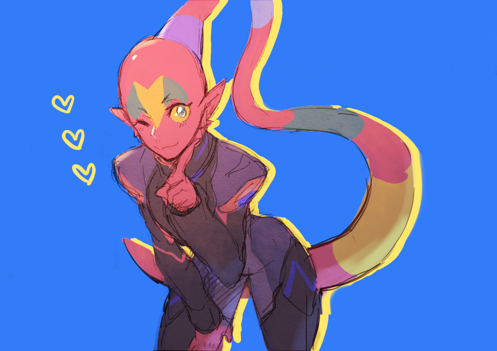 1girl :3 alien black_bodysuit blue_background blue_eyes bodysuit closed_mouth colored_sclera colored_skin commentary_request cowboy_shot ezor_(voltron) hand_on_thigh heart hyakujuu-ou_golion looking_at_viewer one_eye_closed pilot_suit pointy_ears ponzu_(beetle_burner) red_skin solo voltron:_legendary_defender voltron_(series) yellow_sclera