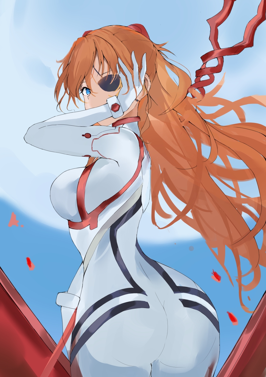 1girl artist_request ass blue_eyes bodysuit breasts brown_hair curvy evangelion:_3.0+1.0_thrice_upon_a_time eyepatch hand_in_own_hair highres holding holding_lance holding_polearm holding_weapon huge_ass interface_headset_(evangelion) lance lance_of_longinus_(evangelion) long_hair looking_at_viewer looking_back mecha_pilot_suit neon_genesis_evangelion outdoors plugsuit_(evangelion) polearm rebuild_of_evangelion shiny_clothes simple_background skin_tight sky souryuu_asuka_langley two_side_up very_long_hair weapon white_bodysuit wide_hips