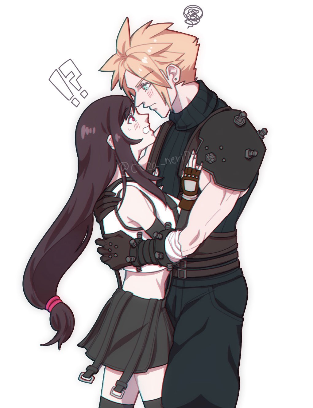 !? 1boy 1girl armor baggy_pants bare_shoulders black_gloves black_hair black_skirt black_thighhighs blue_eyes blush brown_hair closed_mouth cloud_strife couple cowboy_shot crop_top ctza_neri7 final_fantasy final_fantasy_vii final_fantasy_vii_remake from_side gloves hands_on_another&#039;s_back hands_on_another&#039;s_chest height_difference hetero highres hug long_hair looking_at_another looking_at_viewer low-tied_long_hair midriff miniskirt pants parted_lips profile red_eyes ribbed_sweater short_hair shoulder_armor simple_background skirt sleeveless sleeveless_turtleneck spiked_hair squiggle suspender_skirt suspenders sweatdrop sweater tank_top thighhighs tifa_lockhart turtleneck turtleneck_sweater white_background white_tank_top