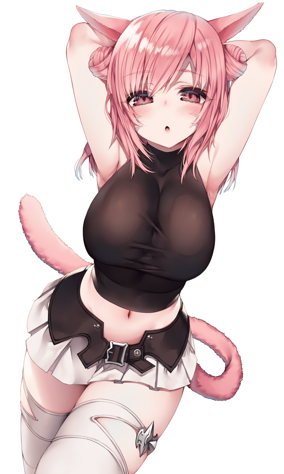 animal_ears armpits arms_up belt blush breasts cat_ears cat_tail cleavage double_bun final_fantasy final_fantasy_xiv hair_bun highres hime_gyo large_breasts microskirt midriff miqo&#039;te pink_hair pleated_skirt red_eyes skirt solo tail thighhighs warrior_of_light_(ff14)