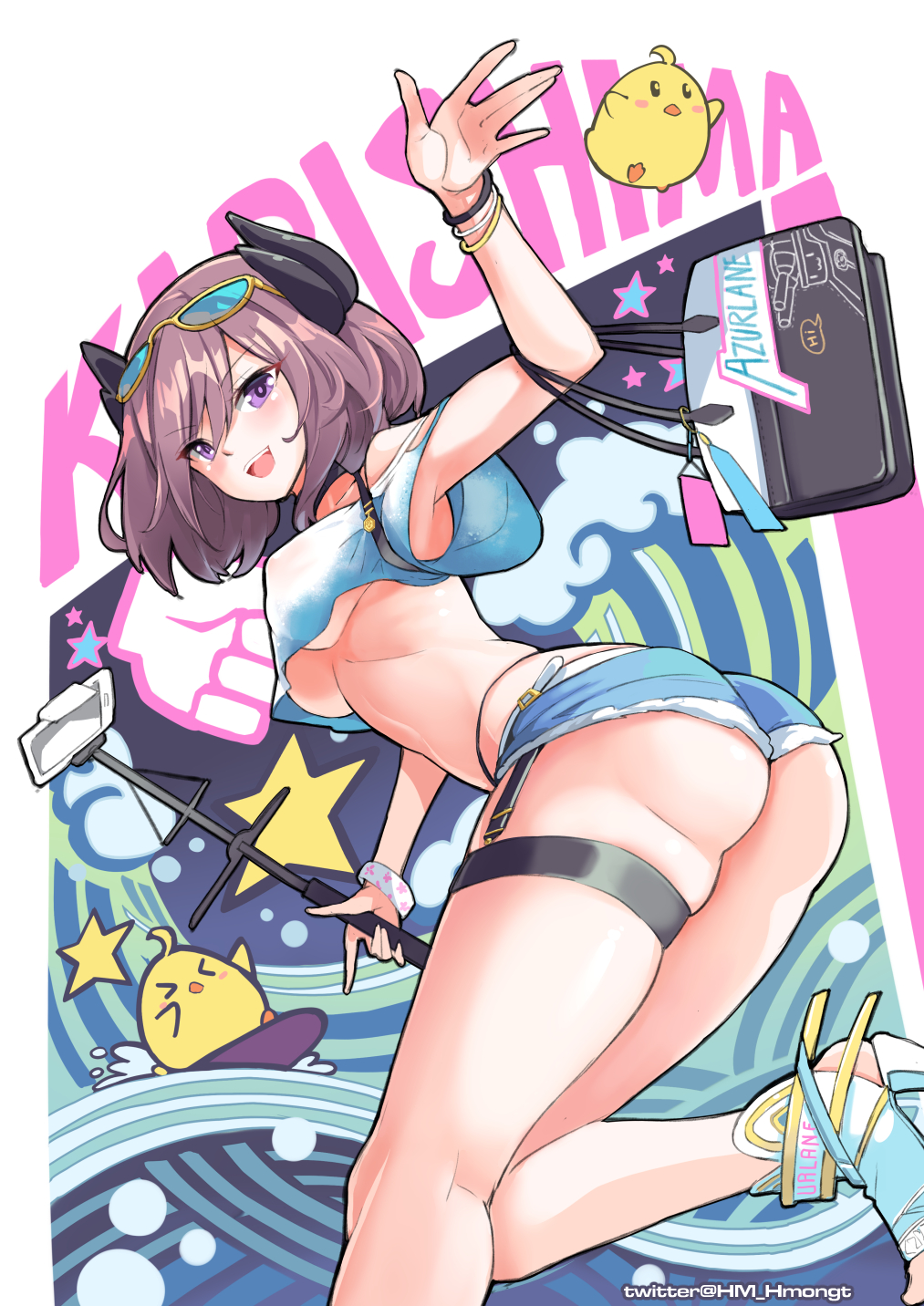 1girl ass azur_lane bag bare_shoulders bracelet brown_hair choker eyewear_on_head glasses high_heels highres hm_(hmongt) horns jewelry kirishima_(azur_lane) kirishima_(summery_audacity)_(azur_lane) manjuu_(azur_lane) open_mouth open_shoes purple_eyes selfie_stick shirt short_hair short_shorts shorts thigh_strap thighs toeless_footwear twisted_torso