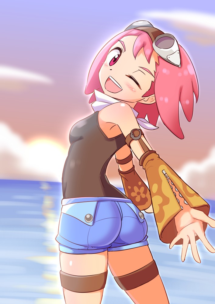 1girl aero_(mega_man) ass bare_shoulders blush breasts capcom come_hither cougar_(cougar1404) cowboy_shot detached_sleeves female_focus from_behind goggles goggles_on_head looking_at_viewer looking_back mega_man_(series) mega_man_legends_(series) mega_man_legends_3 one_eye_closed open_mouth pink_hair purple_eyes shiny_clothes shiny_skin short_hair short_shorts shorts sideboob small_breasts smile solo thigh_strap wink