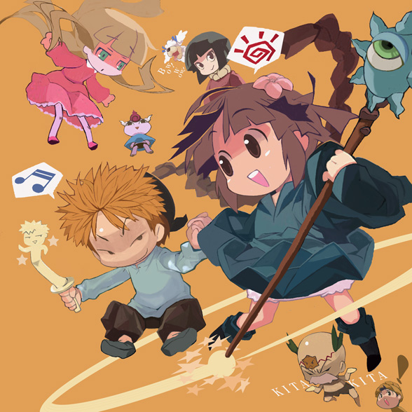 3boys 3girls bandana black_hair braid brown_eyes brown_hair dog dress facial_hair falling gipple holding_hands juju_coo_shnamur kukuri_(mahoujin_guruguru) long_hair mahoujin_guruguru multiple_boys multiple_girls mustache nike_(mahoujin_guruguru) runrun_vermeer short_hair staff toma_parott twin_braids twintails udberg_eldol yami_no_sousai yuuki_(irodo_rhythm)