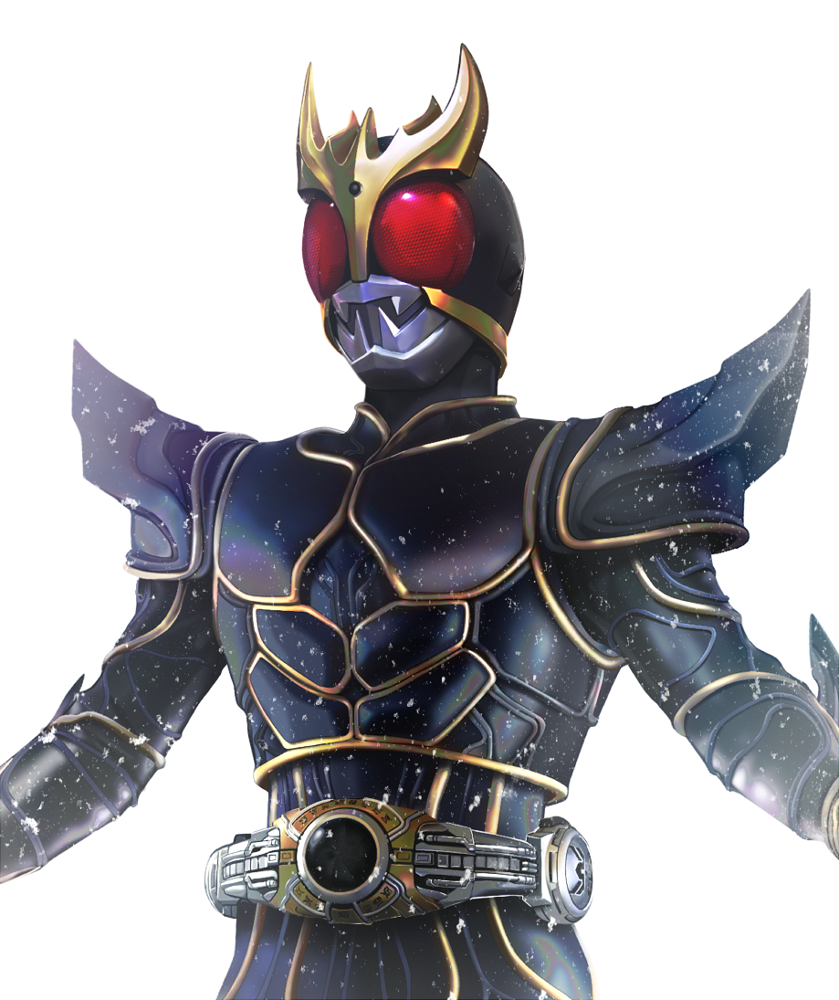 1boy arcle_(kuuga) armor belt black_armor bodysuit compound_eyes gold_horns helmet horns kamen_rider kamen_rider_kuuga kamen_rider_kuuga_(series) kamen_rider_kuuga_(ultimate_form) male_focus masukudo_(hamamoto_hikaru) red_eyes rider_belt solo spikes standing tokusatsu upper_body