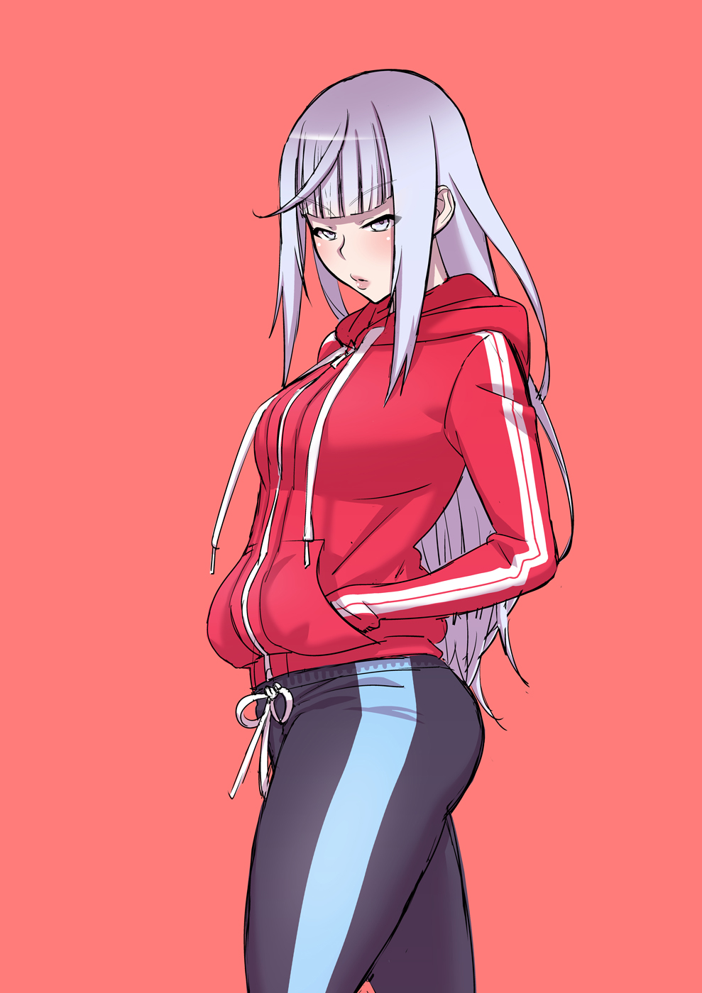1girl hands_in_pockets highres hood hooded_jacket hooded_track_jacket jacket kjech lips megami_saiko pants thighs track_jacket track_pants white_eyes white_hair yandere_simulator