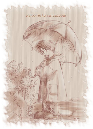 1boy aged_down artist_name brown_theme child expressionless final_fantasy final_fantasy_viii flower full_body holding holding_umbrella hydrangea looking_down lowres male_focus monochrome outdoors pants rain raincoat rendezvous shoes sketch solo squall_leonhart third-party_source umbrella