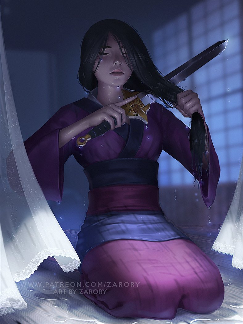 1girl asian black_hair chinese_clothes curtains cutting_hair cutting_own_hair dress fa_mulan_(disney) full_body hanfu long_hair makeup mulan_(movie) pink_hanfu realistic scene_reference solo sword weapon wet zarory