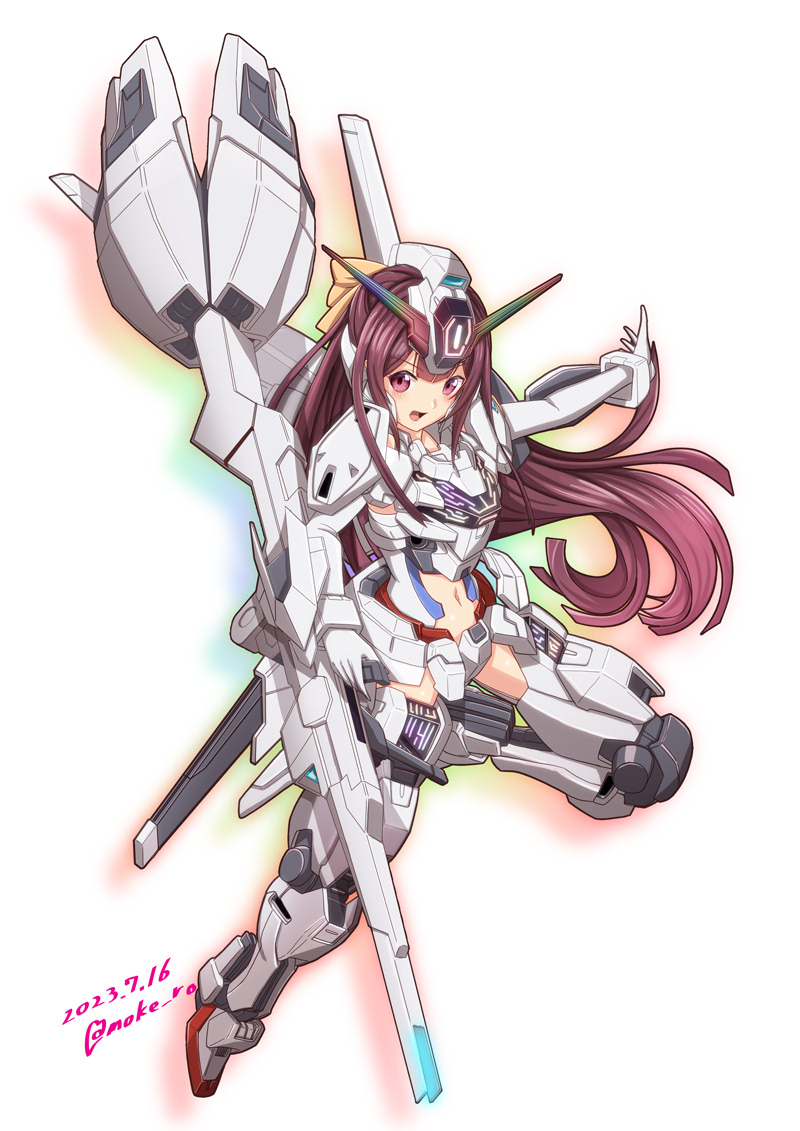 1girl alternate_costume commentary_request cosplay cosplay_request dated full_body gloves gun gundam gundam_calibarn gundam_calibarn_(cosplay) gundam_suisei_no_majo hair_ribbon headgear kamikaze_(kancolle) kantai_collection long_hair looking_at_viewer mecha_musume moke_ro navel open_mouth purple_eyes purple_hair ribbon smile solo weapon white_background white_gloves yellow_ribbon