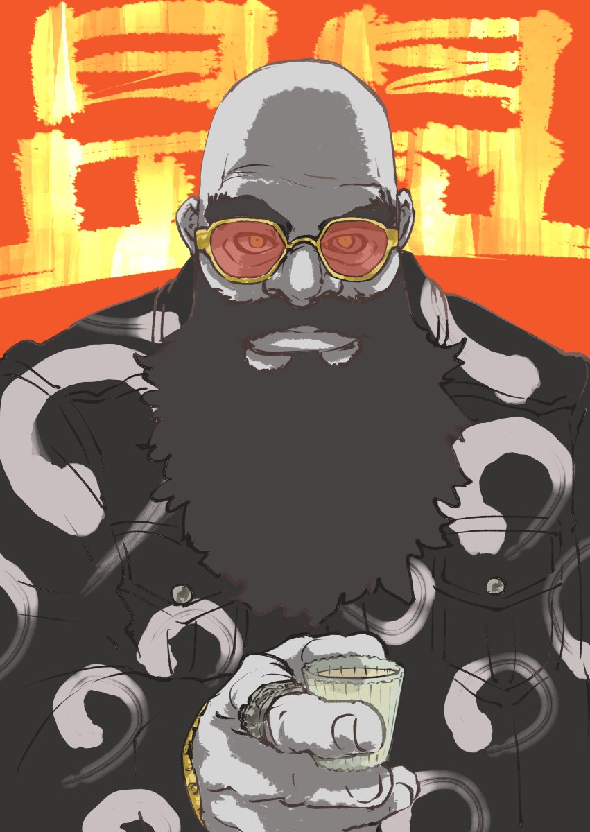 1boy bald beard black_hair bleach bleach:_sennen_kessen-hen cup facial_hair full_beard highres holding holding_cup hyousube_ichibei jacket jewelry kubo_tite long_beard looking_at_viewer red-tinted_eyewear ring solo tinted_eyewear watch wristwatch