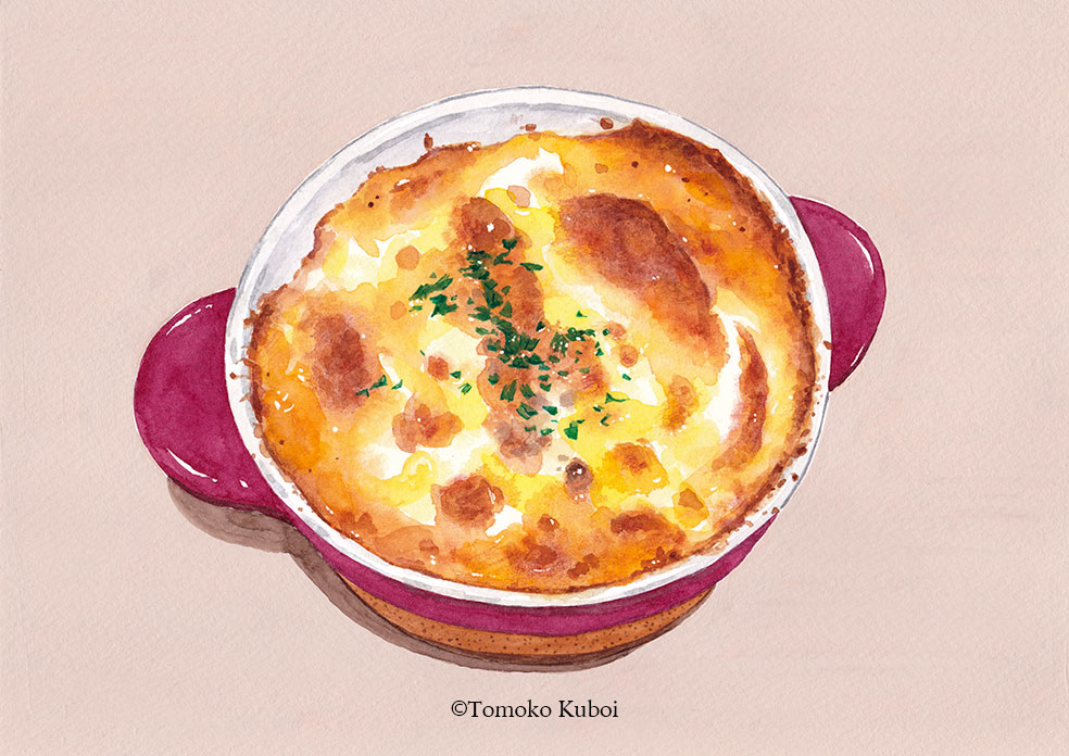 artist_name cooking_pot food food_focus kuboitomoko lasagne no_humans original painting_(medium) shadow simple_background still_life tan_background traditional_media watercolor_(medium)
