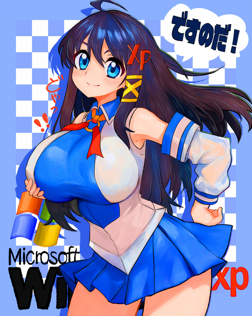 ! !! 1girl blue_eyes breasts checkered_background cowboy_shot detached_sleeves grabbing_own_breast hair_ornament hand_on_own_hip highres japanese_text large_breasts letter_hair_ornament long_hair looking_at_viewer microsoft_windows miniskirt multicolored_hair os-tan ribbon skirt solo speech_bubble tsukiyono_aroe two-tone_hair windows_logo windows_xp xp-tan yellow_ribbon