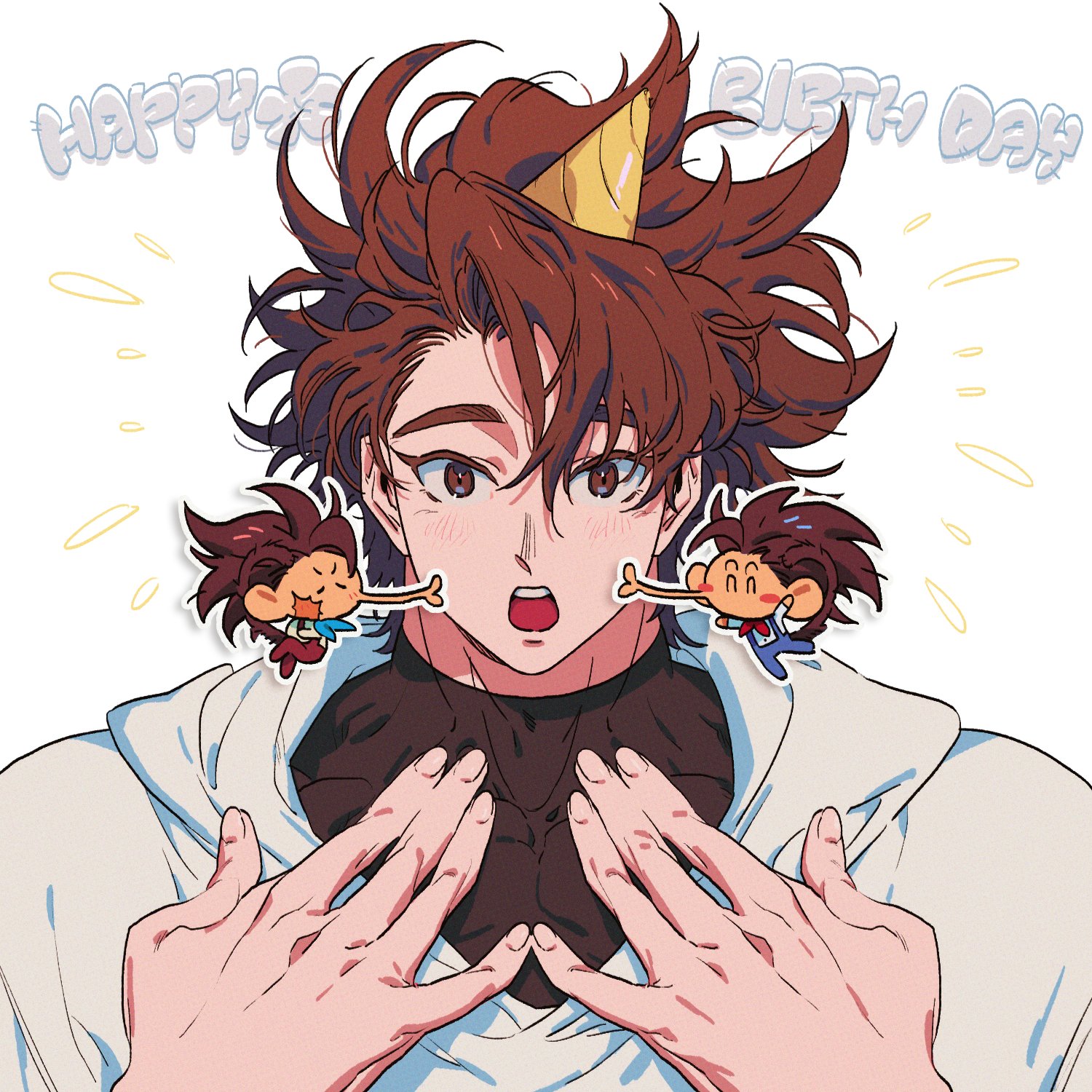 3boys birthday borrowed_character brown_eyes brown_hair chibi chibi_inset closed_eyes colored_eyelashes couple covered_collarbone dbtg_hope dragon_ball dragon_ball_legends dragon_ball_xenoverse english_text giblet_(dragon_ball) gift_art hands_on_own_chest happy_birthday hat highres kiss kissing_cheek korean_commentary looking_at_viewer mirai_senshi monkey_boy monkey_tail multiple_boys muscular muscular_male oc_x_canon open_mouth party_hat reta_(hyong311) second-party_source shallot_(dragon_ball) surprised tail white_background yaoi