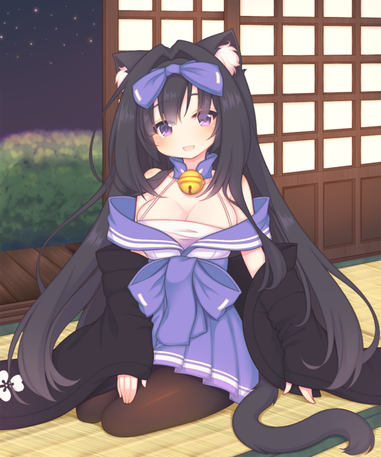:d animal_ear_fluff animal_ears arashio_(azur_lane) azur_lane bare_shoulders bell black_hair black_jacket blush bow breasts brown_pantyhose cat_ears cat_girl cat_tail cleavage collar collarbone commentary_request hair_between_eyes hair_bow hair_intakes head_tilt indoors jacket jingle_bell lap_pillow_invitation long_hair long_sleeves medium_breasts neck_bell night night_sky off_shoulder open_clothes open_jacket open_mouth pantyhose pleated_skirt purple_bow purple_eyes purple_sailor_collar purple_skirt sailor_collar sakurato_ototo_shizuku seiza sitting skirt sky sleeves_past_wrists smile solo star_(sky) starry_sky tail very_long_hair