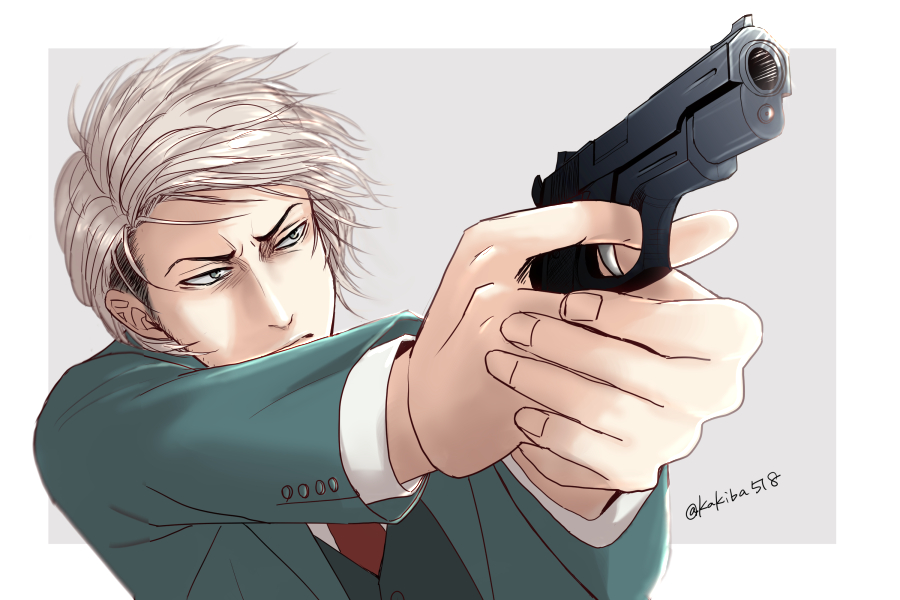 1boy cosplay formal_clothes grey_eyes grey_hair gun holding holding_weapon jean_kirstein male_focus parody serious shingeki_no_kyojin spy_x_family suit twilight_(spy_x_family) twilight_(spy_x_family)_(cosplay) weapon