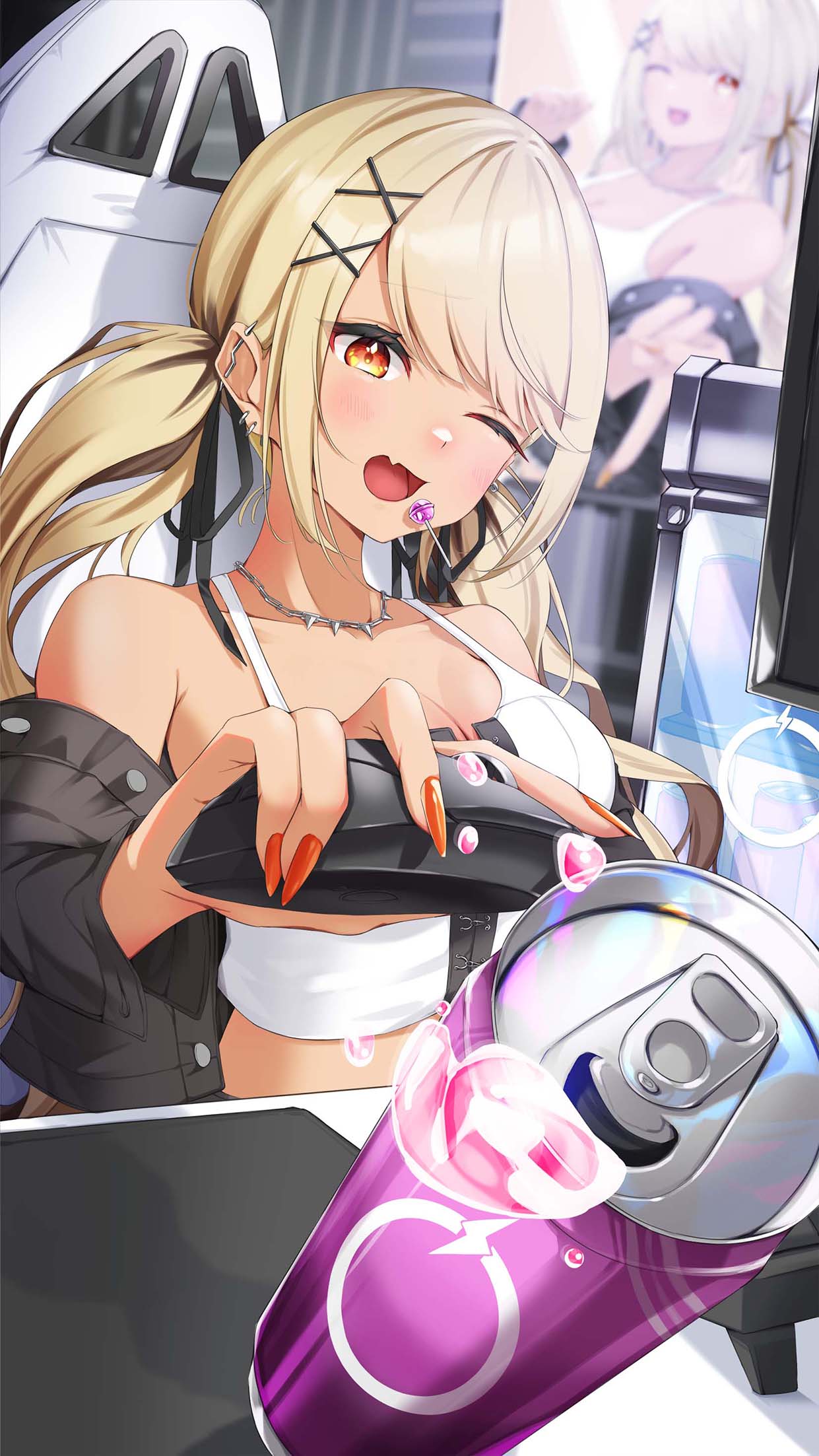 1girl ;d bare_shoulders black_hair black_jacket black_ribbon blonde_hair breasts chain chain_necklace chair computer_keyboard computer_mouse dark-skinned_female dark_skin denim denim_jacket earrings energy_drink fang foreshortening gaming_chair gyaru hair_ornament hair_ribbon hairu_821 highres holding_computer_mouse jacket jewelry kaminari_qpi kaminari_qpi_(3rd_costume) lightning_bolt_piercing lightning_bolt_symbol long_hair medium_breasts midriff monitor multicolored_hair necklace one_eye_closed open_mouth orange_nails poster_(object) ribbon skin_fang smile solo spiked_necklace spilling strap_gap streaked_hair swept_bangs swivel_chair tank_top twintails virtual_youtuber vspo! white_tank_top x_hair_ornament