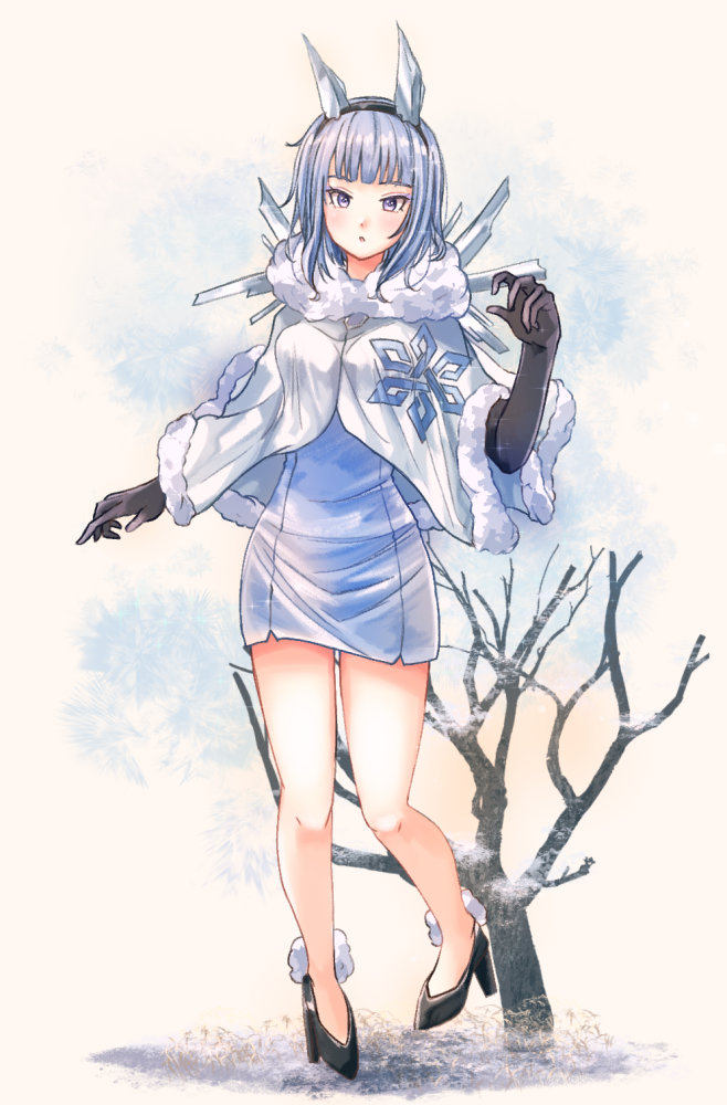 1girl :o black_gloves black_hairband black_shoes blue_dress blue_hair breasts cloak dress elbow_gloves fire_emblem fire_emblem_heroes full_body fur-trimmed_cloak fur_trim fuussu_(21-kazin) gloves hairband hand_up high_heels ice ice_horns light_blue_hair medium_breasts nifl_(fire_emblem) nintendo open_mouth purple_eyes shoes short_dress short_hair solo white_cloak