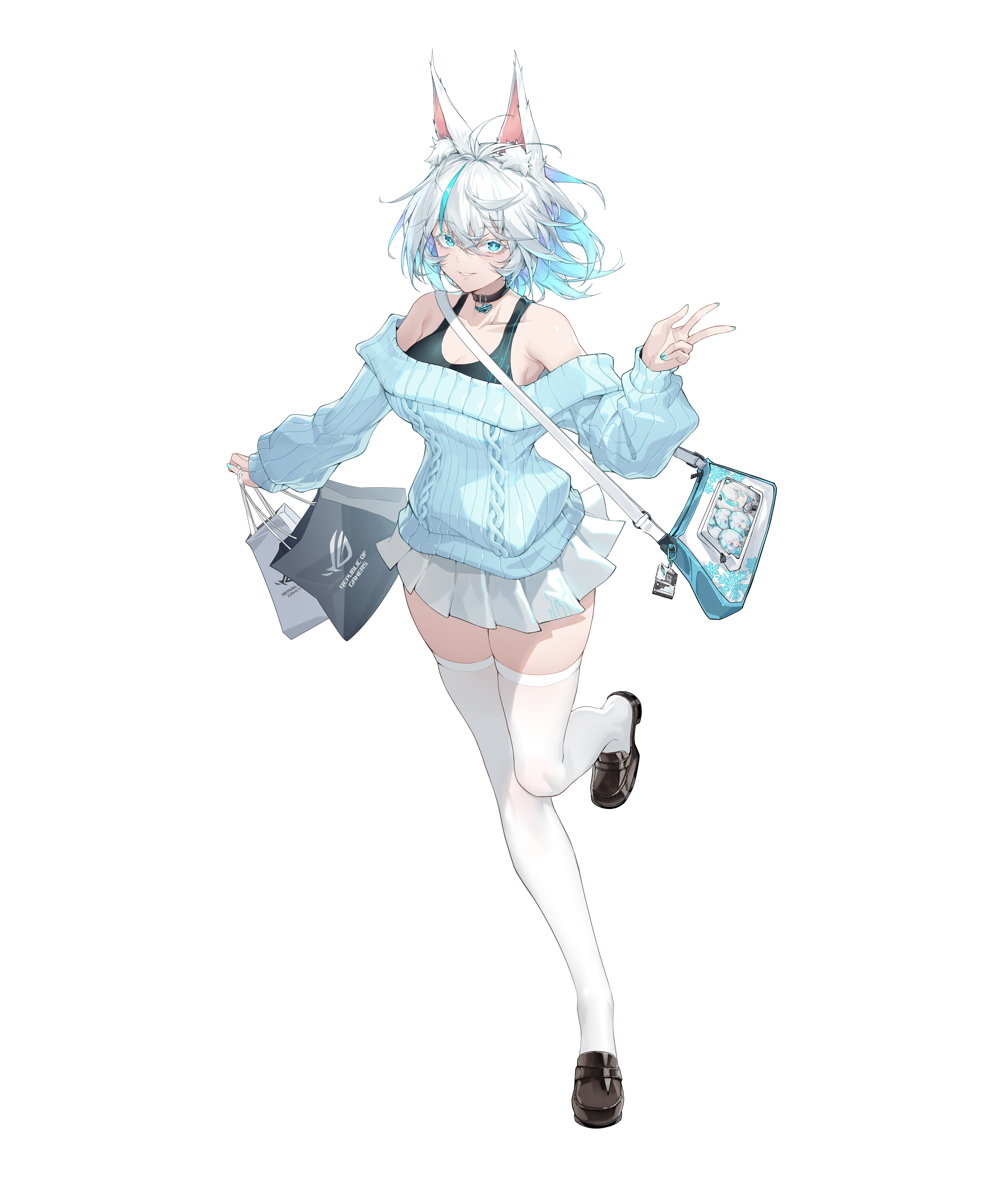 1girl absurdres animal_ear_fluff animal_ears antenna_hair asus bag black_choker black_shoes black_tank_top blue_eyes blue_hair blue_nails blue_sweater breasts casual choker cleavage collarbone colored_inner_hair commentary_request full_body highres holding holding_bag leg_up light_blue_hair loafers long_sleeves looking_at_viewer medium_breasts medium_hair miniskirt multicolored_hair nail_polish off-shoulder_sweater off_shoulder official_art parted_lips pleated_skirt ro_ji_(asus) shanyao_jiang_tororo shoes shopping_bag short_hair shoulder_bag simple_background skirt solo streaked_hair sweater tachi-e tank_top thighhighs two-tone_hair w white_background white_hair white_skirt white_thighhighs zettai_ryouiki