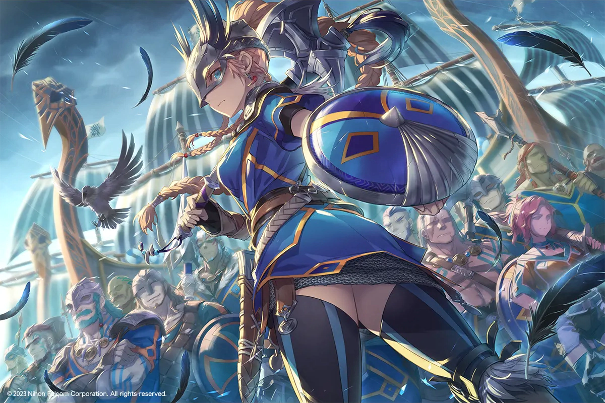 1girl animal axe belt bird black_thighhighs blonde_hair blue_dress blue_eyes braid brown_belt closed_mouth copyright_notice crow dress feathers floating_hair helmet holding holding_axe holding_shield holding_weapon karja_balta long_hair looking_at_viewer official_art outdoors profile rain shield ship thighhighs third-party_source toi8 viking watercraft weapon winged_helmet ys ys_x_nordics