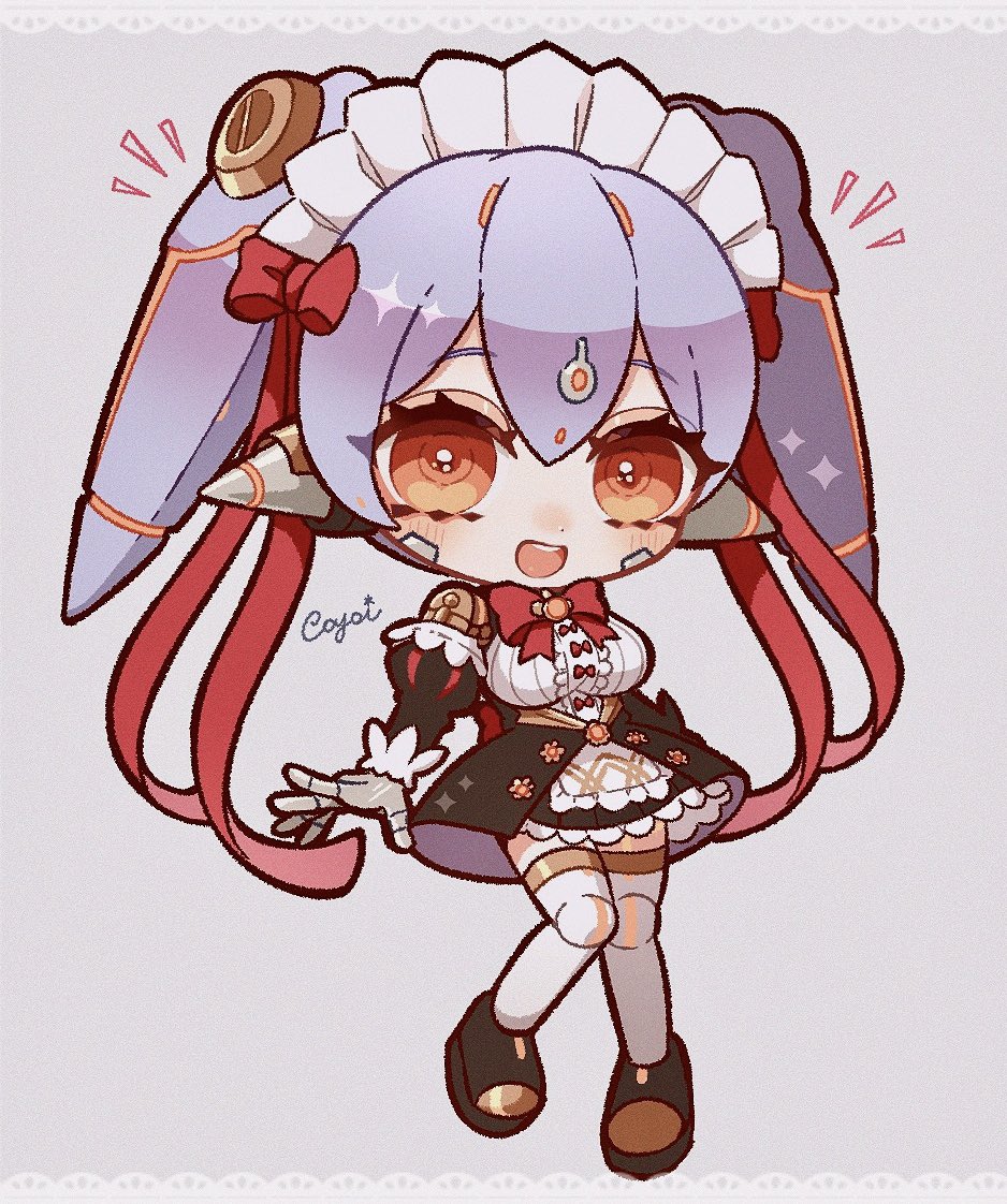 1girl :d android black_shoes black_skirt black_sleeves blue_hair blush breasts brown_eyes chibi co_09vrg commentary_request detached_sleeves facial_mark full_body grey_background hair_between_eyes juliet_sleeves large_breasts long_sleeves looking_at_viewer notice_lines open_mouth poppi_(xenoblade) poppi_qt_(xenoblade) puffy_sleeves shirt shoes signature skirt smile solo thighhighs twintails white_shirt white_thighhighs xenoblade_chronicles_(series) xenoblade_chronicles_2