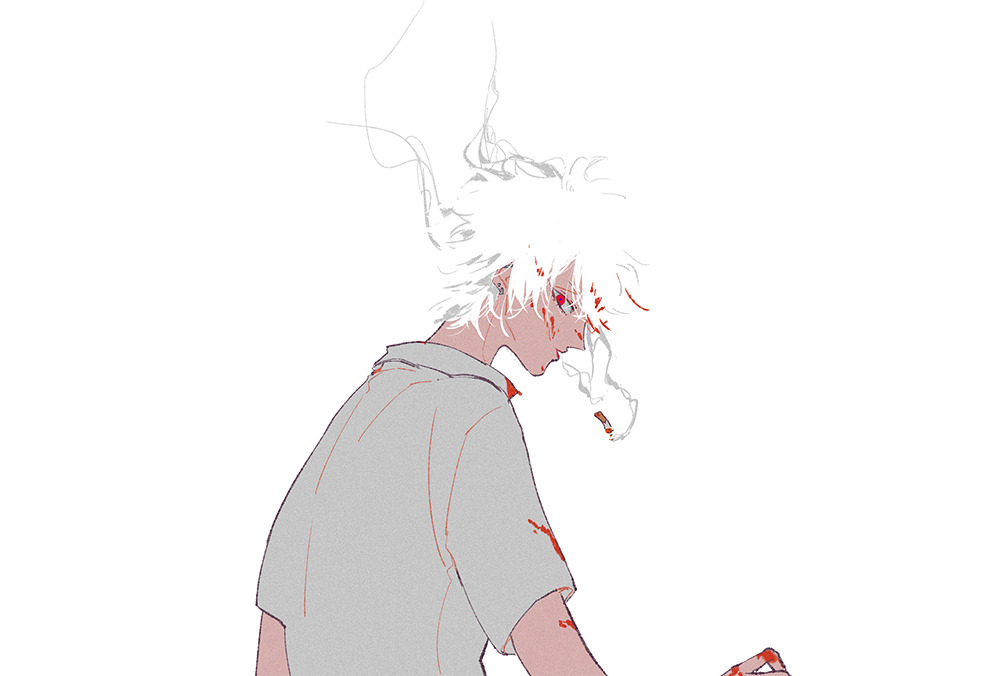 1boy aohitsugi_samatoki blending blood blood_in_hair blood_on_clothes blood_on_face blood_on_hands cigarette collared_shirt earrings film_grain from_side hypnosis_mic jewelry looking_at_viewer looking_back male_focus multiple_piercings parted_lips profile red_eyes shirt short_hair simple_background smoke solo souko_(floyd) spitting upper_body white_background white_hair white_shirt