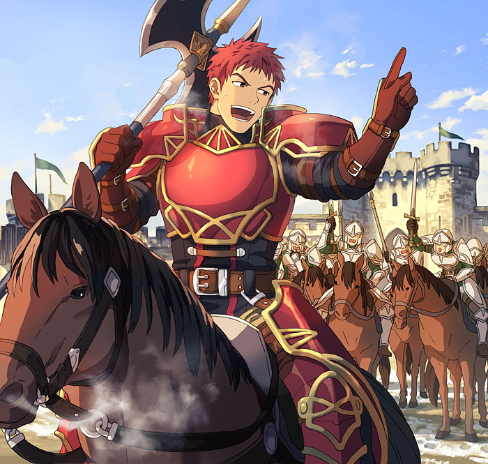 1boy armor axe battle_axe breath castle commentary_request donta30303 fire_emblem fire_emblem:_radiant_dawn gloves holding holding_axe holding_weapon horse horseback_riding kieran_(fire_emblem) male_focus nintendo open_mouth outdoors red_armor red_eyes red_hair riding short_hair sky snow solo_focus weapon