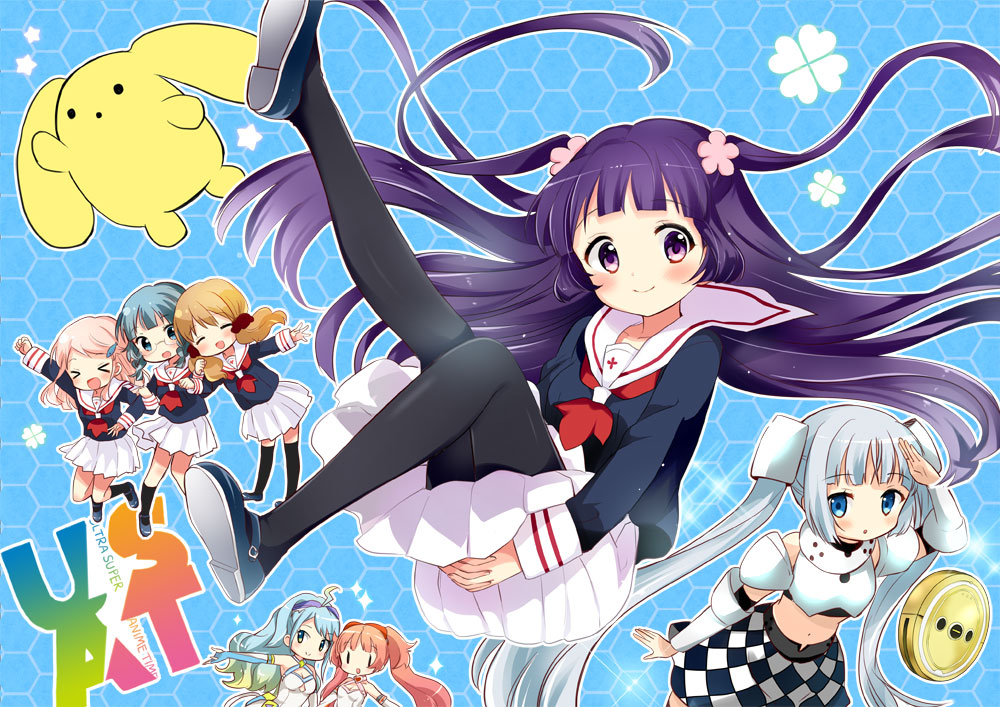 &gt;_&lt; 10s 6+girls :d ^_^ ahoge arm_guards arm_up armor black_serafuku blue_eyes blue_hair blunt_bangs blush braid breastplate breasts checkered_clothes checkered_skirt cleavage clenched_hand clenched_hands closed_eyes clover collar collarbone company_connection copyright_name cowboy_shot criss-cross_halter crossed_bangs crossover elbow_gloves expressionless eyelashes flower four-leaf_clover full_body gauntlets glasses gloves gradient_eyes gradient_hair hair_flower hair_ornament hairclip halterneck hara_yui heart honeycomb_(pattern) honeycomb_background jumping kohashi_wakaba kurokawa_mao leg_up locked_arms long_hair long_sleeves looking_at_viewer low_twintails mary_janes mashiba_nao medium_breasts midriff miss_monochrome multicolored_eyes multicolored_hair multiple_crossover multiple_girls navel neckerchief open_hand open_mouth orange_hair outstretched_arm own_hands_clasped own_hands_together pantyhose pink_hair pleated_skirt purple_eyes purple_hair ruu-chan sailor_collar salute school_uniform semi-rimless_eyewear serafuku shoe_soles shoes short_hair silver_hair skirt smile socks sparkle star_(symbol) sumako_(ultra_super_anime_time) supika_(ultra_super_anime_time) swept_bangs tareme thighhighs tokita_moeko twin_braids twintails two_side_up ultra_super_anime_time under-rim_eyewear upper_body vacuum_cleaner vambraces very_long_hair wakaba_girl wavy_hair white_skirt wooser_(character) wooser_no_sono_higurashi xd zettai_ryouiki |_| |d