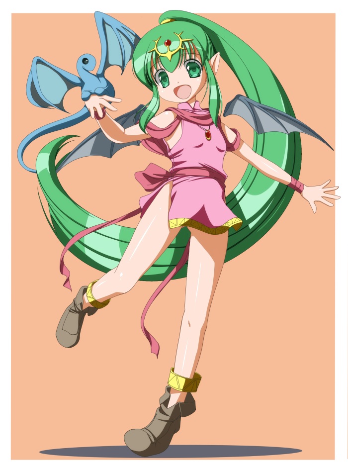 1girl :d ankle_boots anklet ashita_yaru boots breasts brown_boots closed_mouth detached_wings dragon dragon_wings dress fire_emblem fire_emblem:_mystery_of_the_emblem fold-over_boots green_eyes grey_wings headpiece jewelry leg_up light_green_hair long_hair looking_at_viewer small_dragon nintendo open_mouth pink_dress pink_sash pointy_ears ponytail sash short_dress sidelocks sleeveless sleeveless_dress small_breasts smile solo tiki_(fire_emblem) tiki_(young)_(fire_emblem) very_long_hair wings