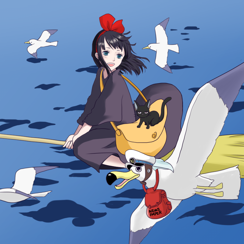 1girl aged_down bag bird black_cat black_hair blue_eyes blunt_bangs broom broom_riding cat commentary_request cosplay dress jiji_(majo_no_takkyuubin) kiki_(majo_no_takkyuubin) kiki_(majo_no_takkyuubin)_(cosplay) majo_no_takkyuubin medium_hair news_coo nico_robin ocean one_piece satchel smile teeth upper_teeth_only yuri_kohi