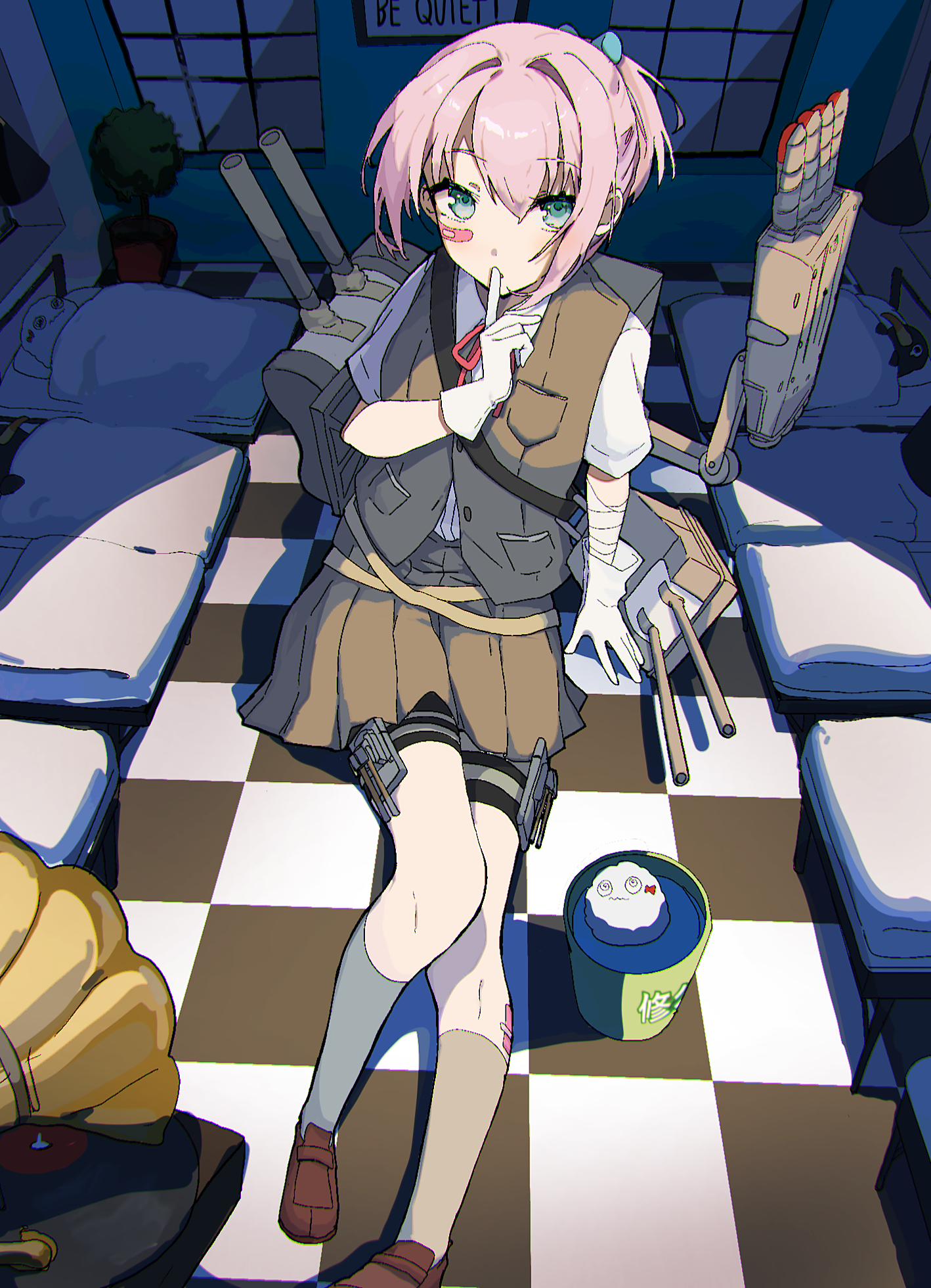 1girl bandaged_arm bandages bandaid bandaid_on_cheek bandaid_on_face bed blue_eyes bucket checkered_floor commentary_request failure_penguin gloves grey_socks highres index_finger_raised indoors kantai_collection kneehighs loafers looking_at_viewer miss_cloud pink_hair plant pleated_skirt ponytail potted_plant repair_bucket ribbon shamomo shiranui_(kancolle) shirt shoes short_sleeves skirt socks solo thigh_strap torpedo_tubes vest white_gloves white_shirt