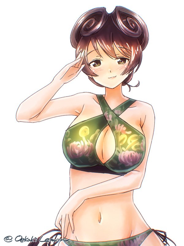 1girl artist_name bikini breasts brown_eyes brown_hair cleavage criss-cross_halter floral_print girls_und_panzer hair_rings halterneck hosomi_shizuko large_breasts looking_at_viewer navel oekaki_lemon salute solo swimsuit twitter_username white_background