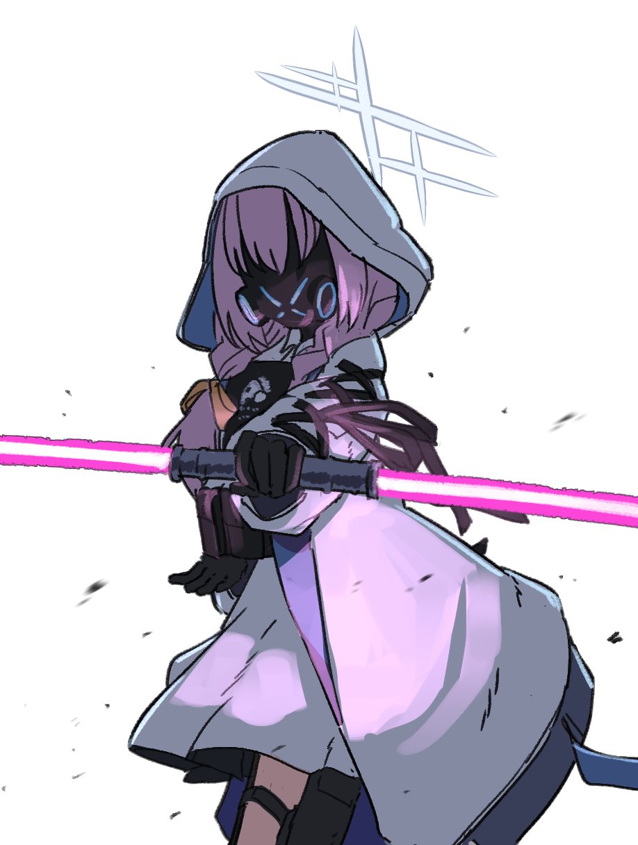 1girl atsuko_(blue_archive) blue_archive braid bulletproof_vest commentary covered_face energy_sword english_commentary gloves hair_ornament halo highres holding holding_sword holding_weapon hood hooded_jacket jacket lightsaber looking_at_viewer lyrinne mask purple_eyes purple_lightsaber ribbon simple_background solo sword twin_braids weapon white_background