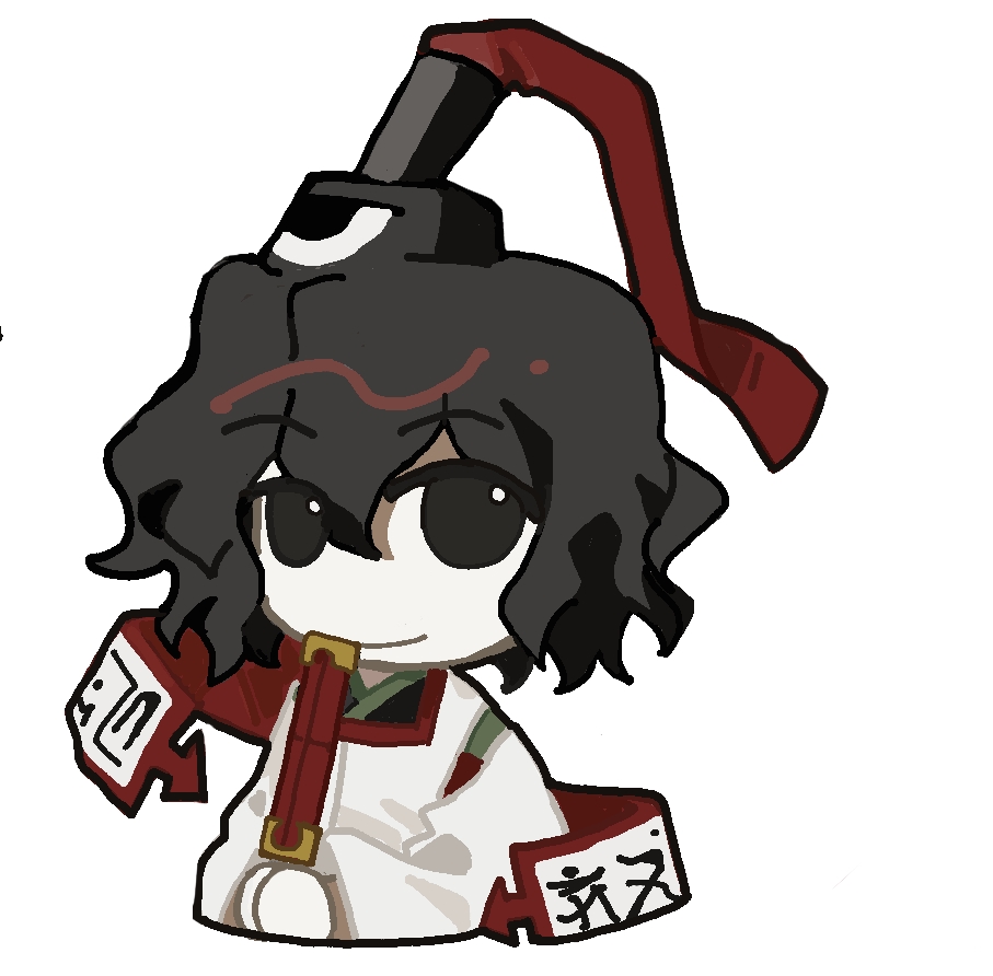 1other aaayamitsu androgynous arrow_(symbol) black_eyes black_hair black_hat black_kimono chibi closed_mouth detached_sleeves eye_of_senri green_trim hair_between_eyes hat holding japanese_clothes kariginu kimono len&#039;en long_sleeves no_nose ofuda ofuda_on_clothes other_focus pale_skin senri_tsurubami short_hair solo tate_eboshi wavy_hair white_sleeves