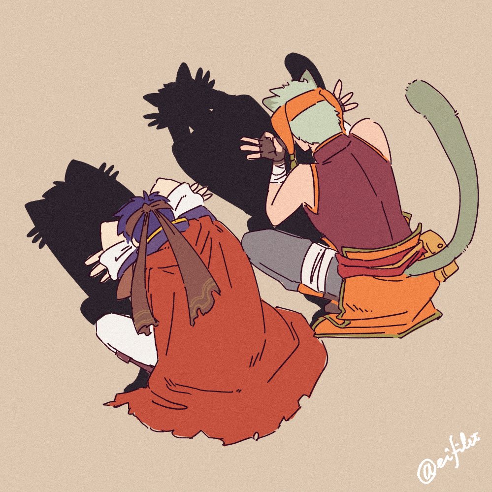 2boys animal_ears blue_hair cape cat_boy cat_ears cat_shadow_puppet_(meme) eifilet fingerless_gloves fire_emblem fire_emblem:_path_of_radiance gloves headband ike_(fire_emblem) male_focus meme multiple_boys nintendo ranulf_(fire_emblem) red_cape shadow_puppet short_hair squatting tail twitter_username