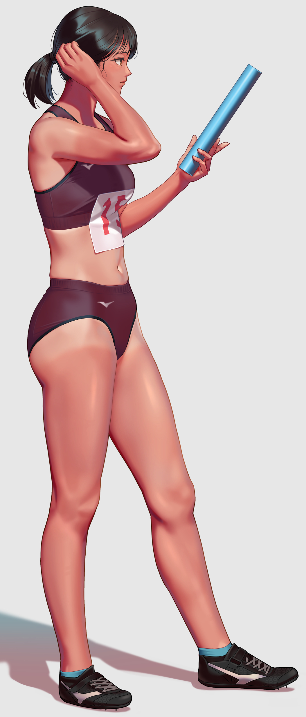 1girl absurdres black_hair buruma full_body grey_background highres navel original ponytail relay_baton solo sports_bikini standing tan tanline track_and_field track_uniform xdxdtanakaxdxd