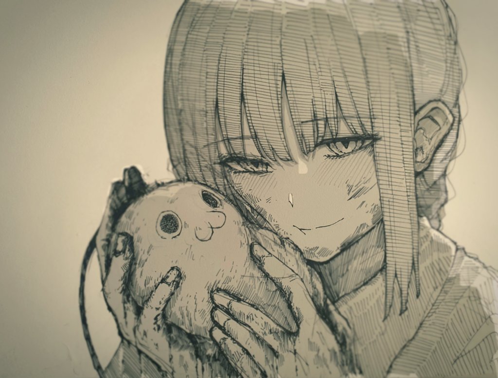 1boy 1girl animal animal_hug ate5424 blush cat_eyes chainsaw_man dirty_hands fingernails long_hair looking_at_viewer makima_(chainsaw_man) monochrome nuzzle pochita_(chainsaw_man) ponytail smile spoilers