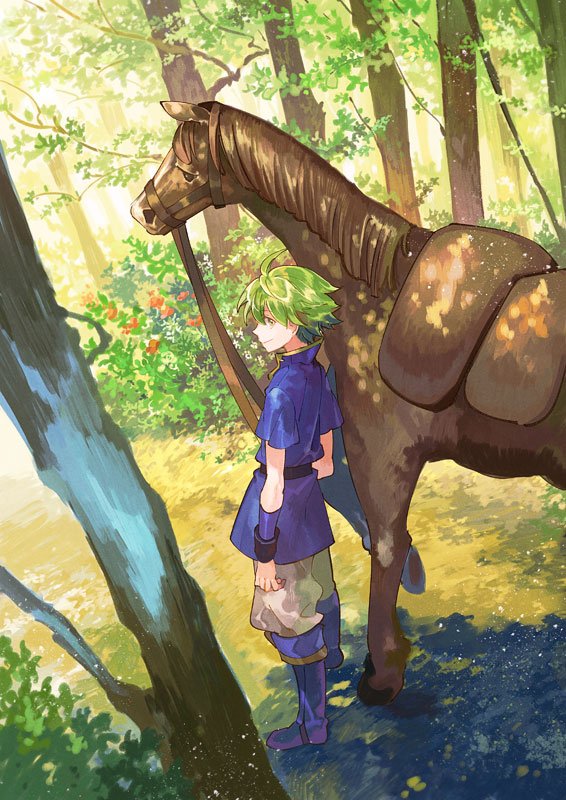 1boy animal fire_emblem fire_emblem:_the_binding_blade forest green_eyes green_hair holding holding_reins horse looking_at_viewer male_focus nature nintendo noki_(affabile) painting_(medium) reins smile solo traditional_media watercolor_(medium) wolt_(fire_emblem)