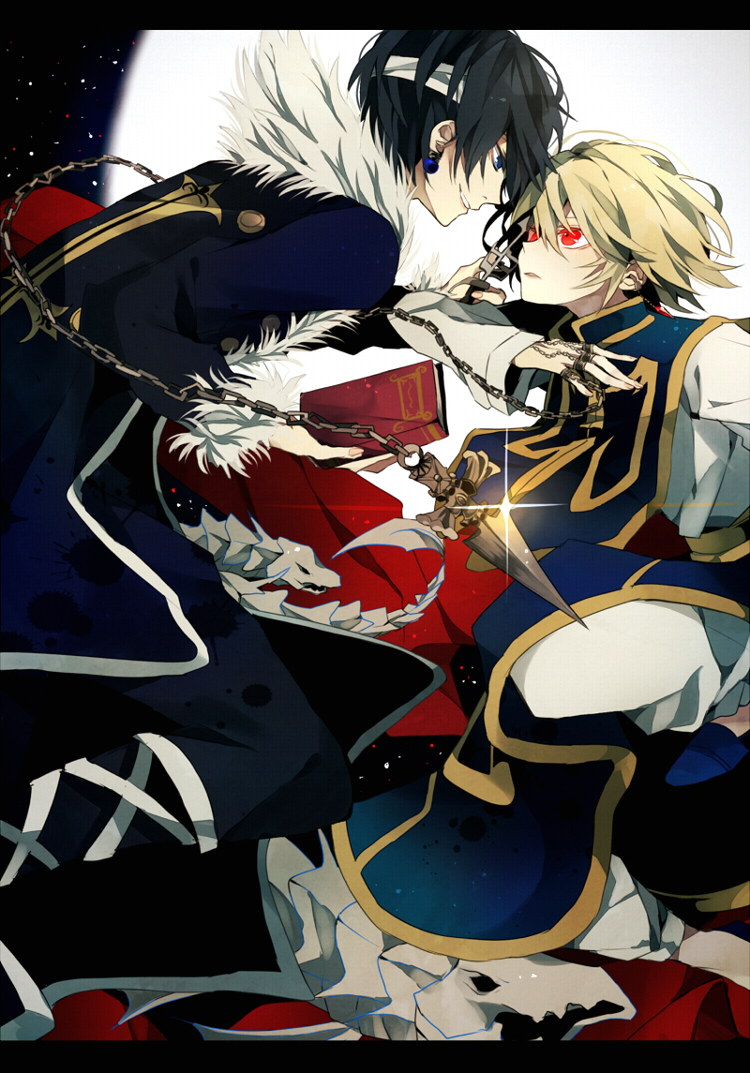 1girl 2boys animal bandages black_hair blonde_hair blue_eyes blue_footwear book chain chrollo_lucilfer coat cross-laced_clothes cross-laced_legwear eye_contact fish fur_trim glowing glowing_eyes hair_between_eyes headband holding holding_book holding_weapon hunter_x_hunter jewelry knife kurapika lens_flare letterboxed long_sleeves looking_at_another male_focus moon multiple_boys night night_sky pants red_eyes ring sagatsu_(miicat) satsuki_(miicat) shoes sky weapon
